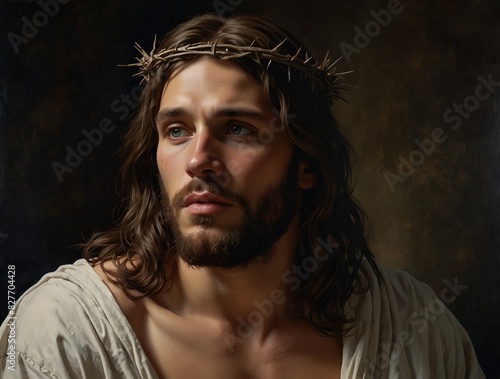 Dramatic portrait of a serious Jesus Christ with Crown of Thorns and expressive eyes, on a dark brown background.