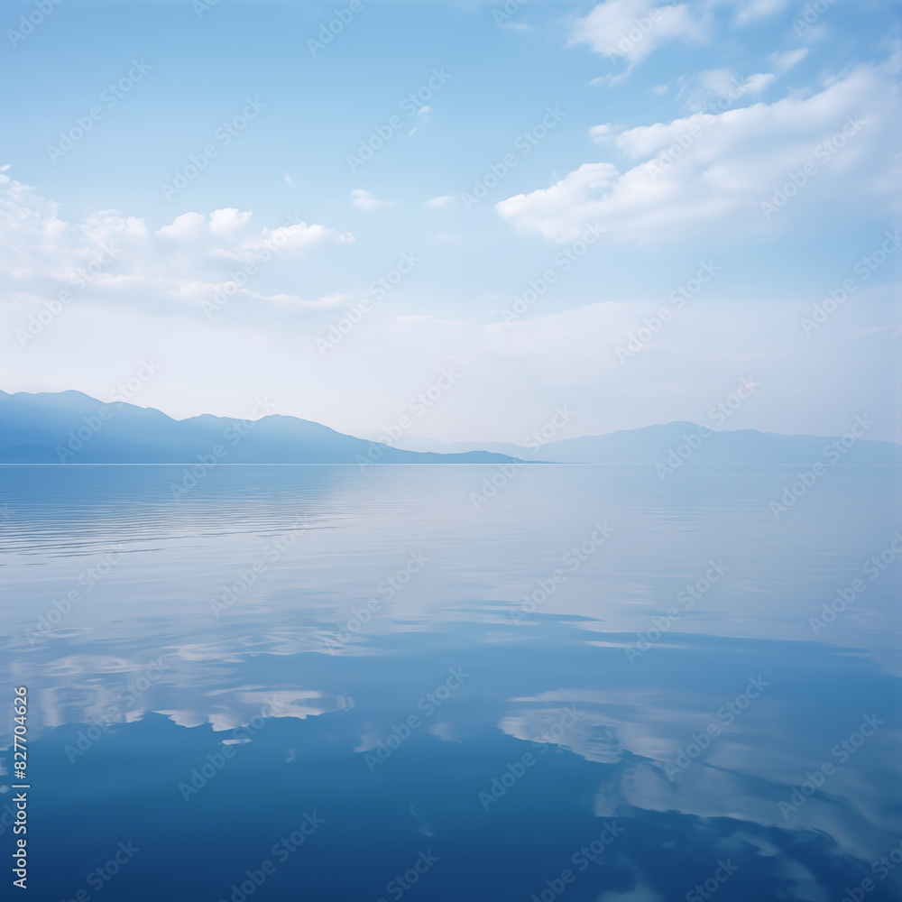 A calm lake with mountains and white clouds in the distance A calm lake with mountains and white clouds in the distance