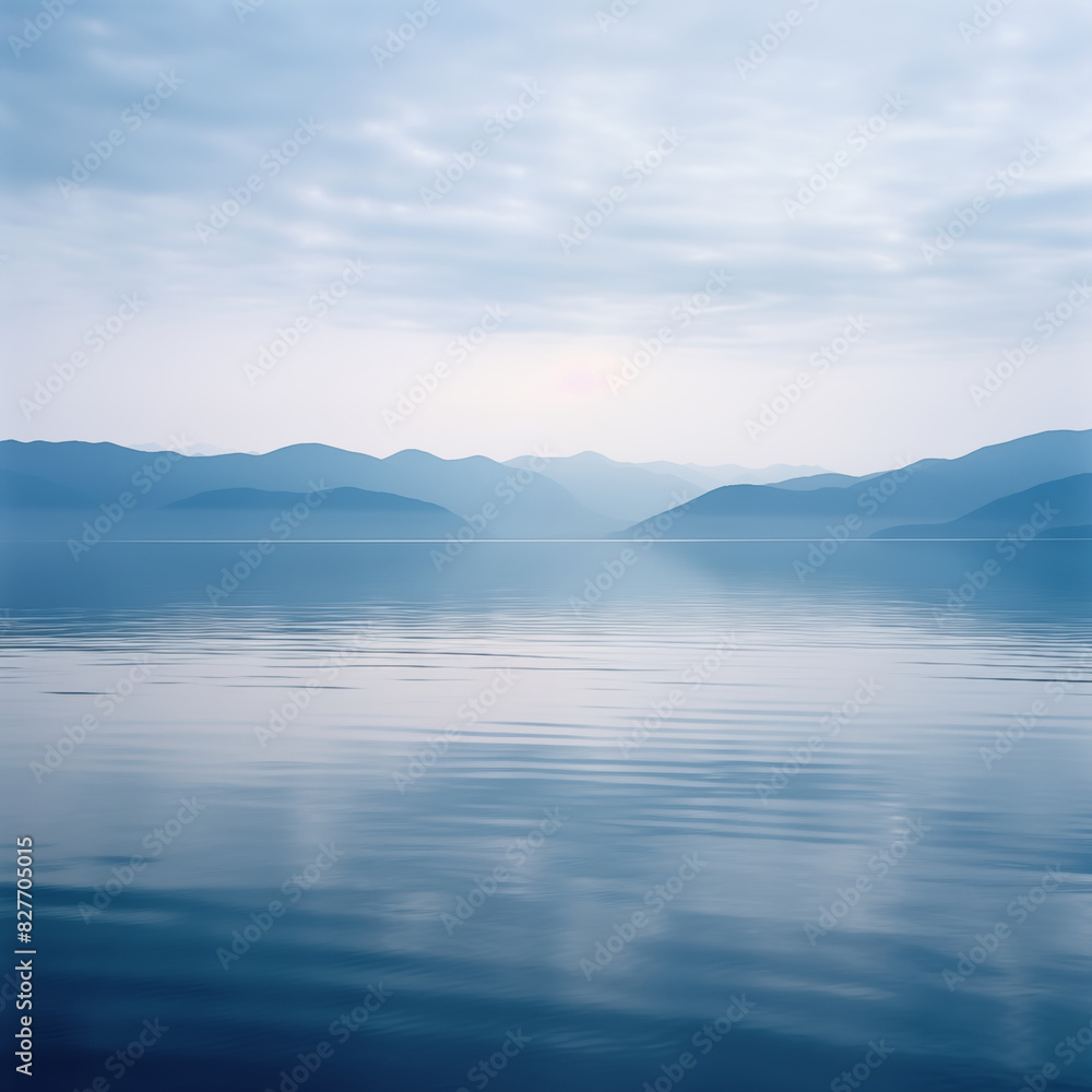A calm lake with mountains and white clouds in the distance A calm lake with mountains and white clouds in the distance