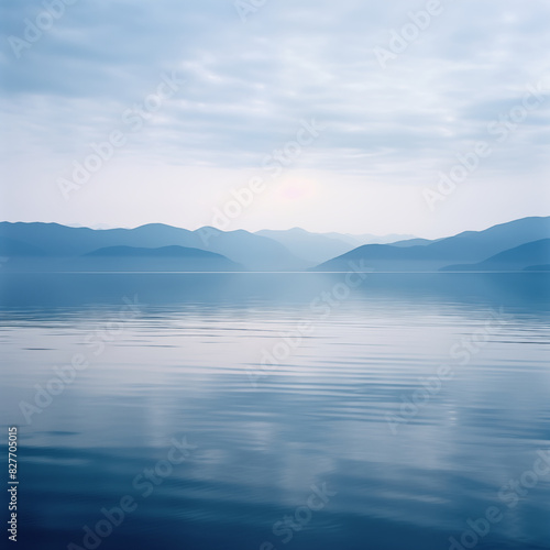 A calm lake with mountains and white clouds in the distance