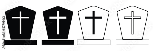 Grave RIP Halloween Concept Line Icon On White Background. Tombstone line icon set.