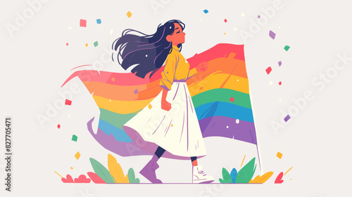 A character in a simple flat design style, confidently waving a rainbow flag, representing LGBTQ+ pride. The character stands against a white background, exuding positivity and inclusion.