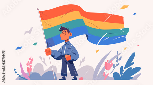 A character in a simple flat design style, confidently waving a rainbow flag, representing LGBTQ+ pride. The character stands against a white background, exuding positivity and inclusion.