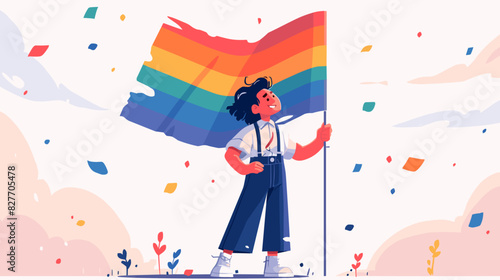 A character in a simple flat design style, confidently waving a rainbow flag, representing LGBTQ+ pride. The character stands against a white background, exuding positivity and inclusion.