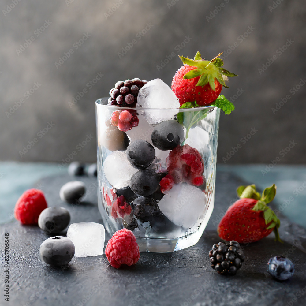 Sweet berries in a glass with ice cubes. Delicious nature organic food Sweet berries in a glass with ice cubes. Delicious nature organic food