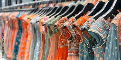 Indian Women's Fashion Dresses on Display in a Retail Store. Concept Indian Fashion, Women's Clothing, Retail Store, Traditional Dresses, Colorful Apparel photo