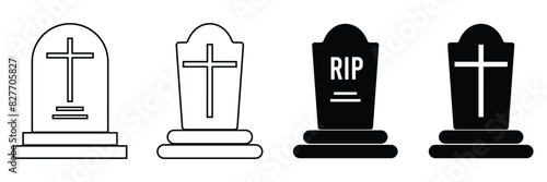 Grave RIP Halloween Concept Line Icon On White Background. Tombstone line icon set.