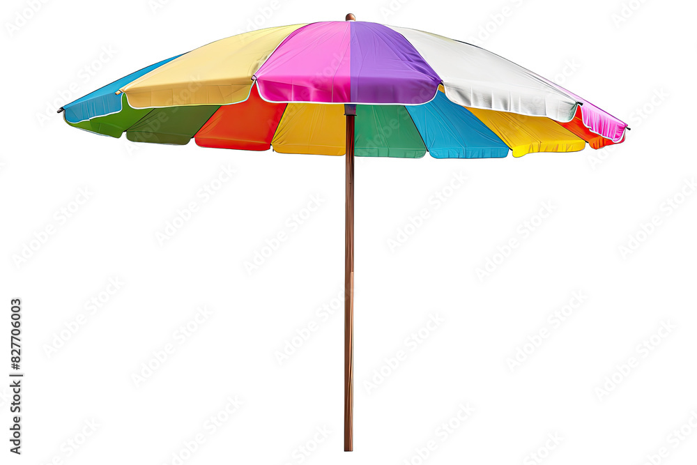 Obraz premium Vibrant multicolored beach umbrella isolated on white background, perfect for sunny summer days at the beach or poolside.