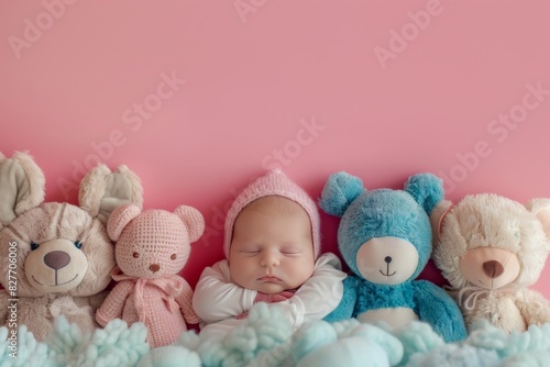 Sleeping baby with teddy bears on a pink background, perfect for showcasing adorable and cozy baby moments photo