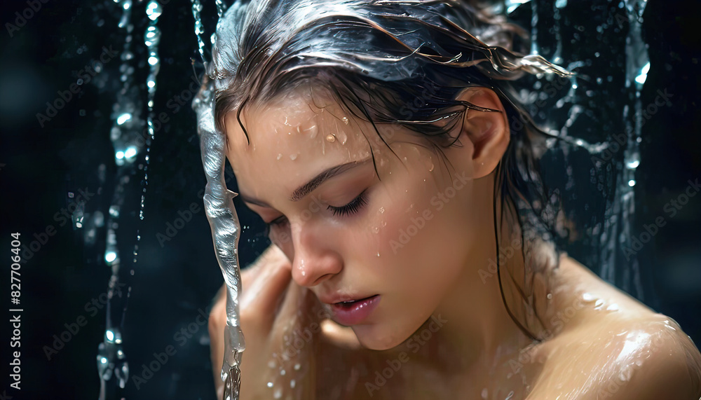 Fototapeta premium beautiful girl fashion model rushes about in the bathroom, girl in the shower, detergent advertisement, shampoo advertisement, soap advertisement, wet hair, hair care product