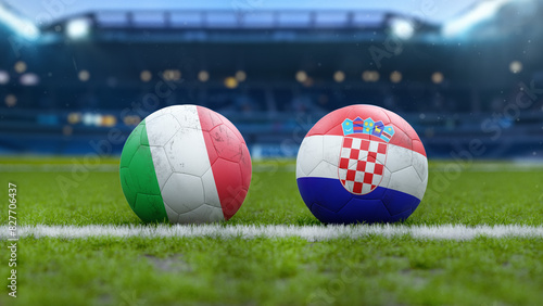 Italy vs Croatia Soccer Match Soccer Balls on Grass Field photo