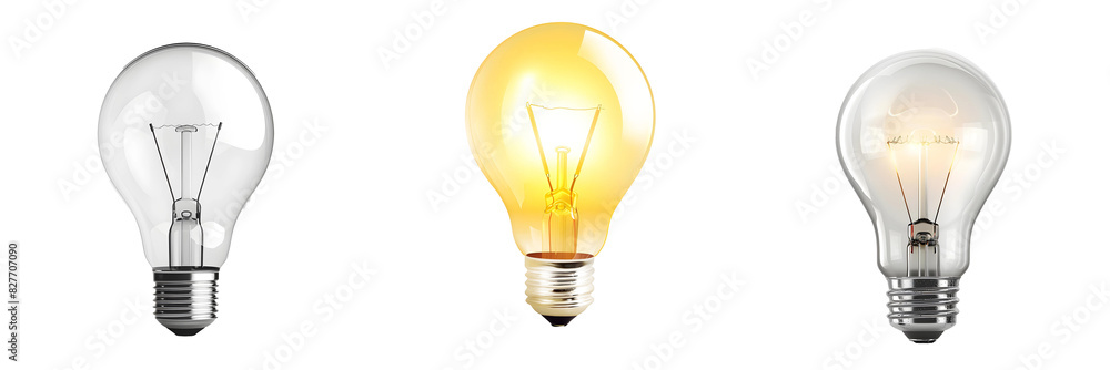 Three classic light bulbs in clear and yellow hues, transparent isolated white background Three classic light bulbs in clear and yellow hues, transparent isolated white background