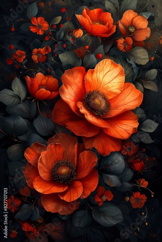 Elegant Painting of Orange Flowers on a Black Background