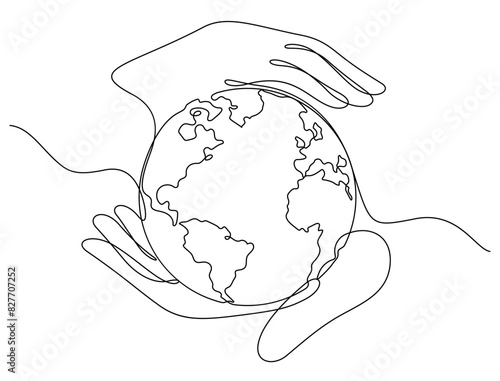 planet earth in world care concept with caring hand thin line illustration