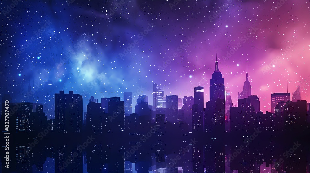 Nighttime city skyline copy space, vivid hues, Double exposure silhouette with illuminated buildings and stars Nighttime city skyline copy space, vivid hues, Double exposure silhouette with illuminated buildings and stars