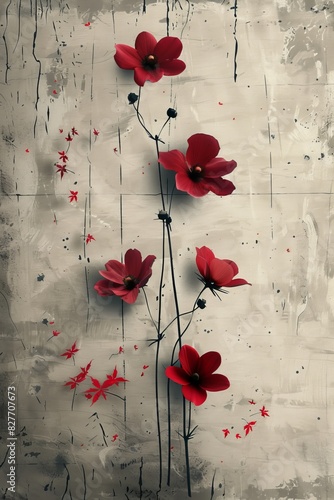 Red Flowers Painting on White Background