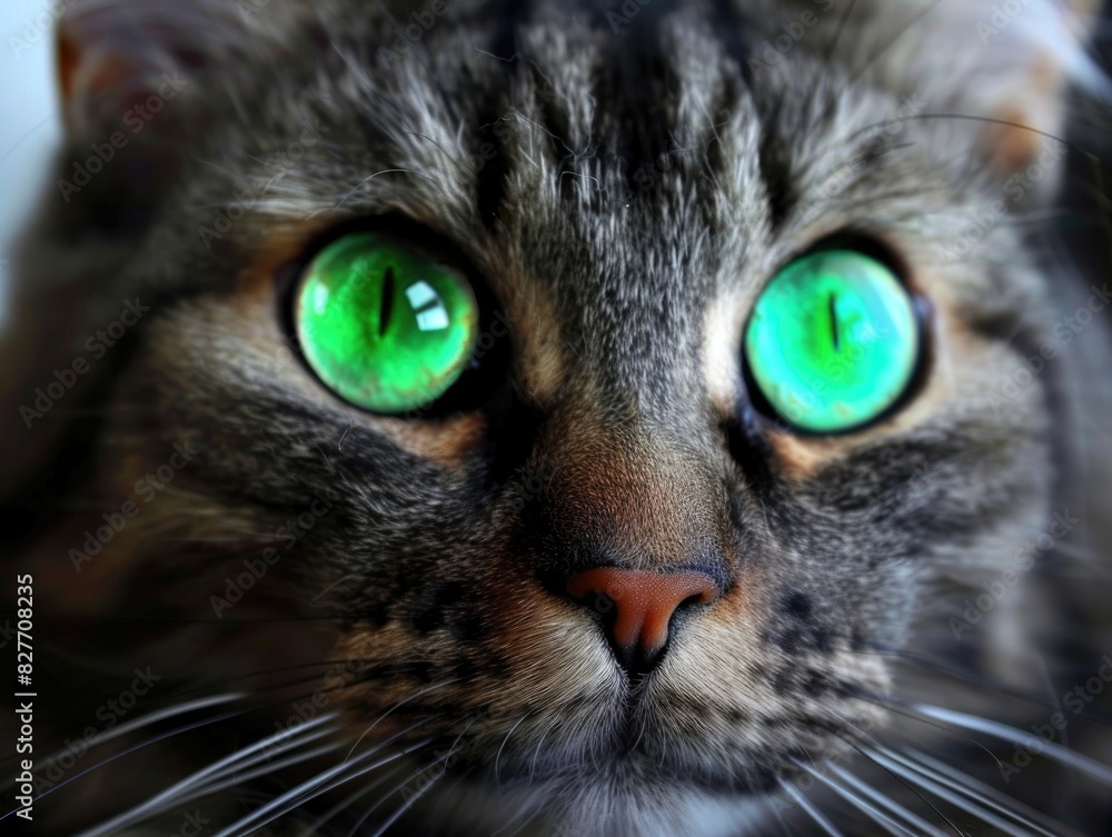 Intense Gaze - Close-up of a Beautiful Cat with Bright Green Eyes