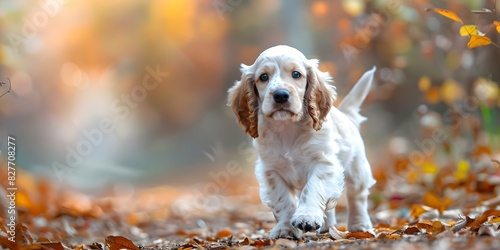 A young spaniel puppy enjoys an autumn walk in the countryside. Concept Outdoor Photoshoot, Puppy, Autumn, Countryside Walk, Spaniel photo