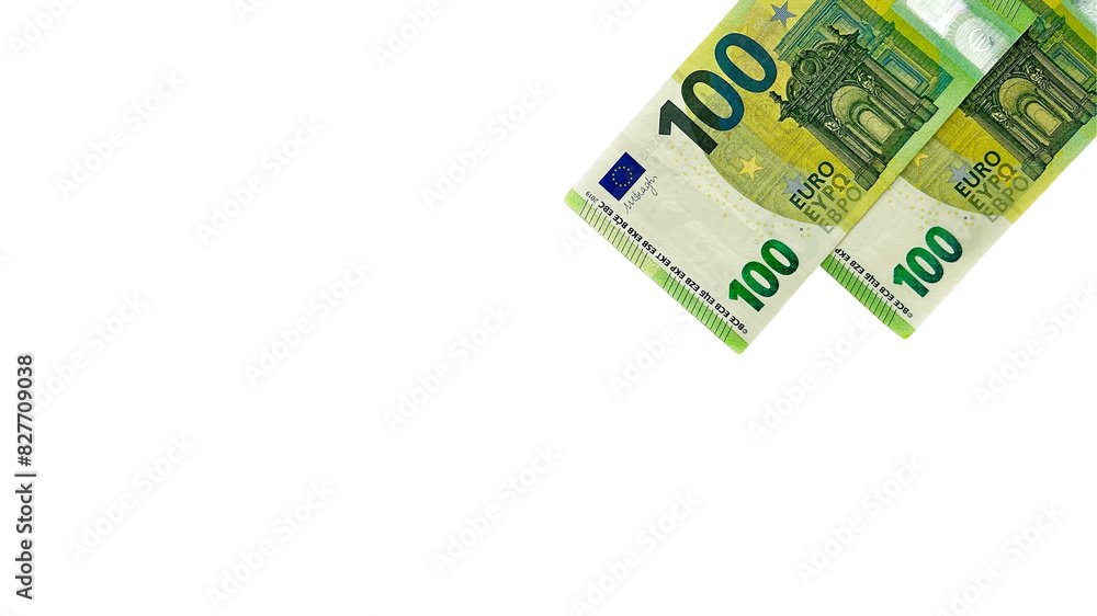 Two 100 euro banknotes on a clean white background. Suitable for financial services, banking, investment, currency exchange, and business-related concepts. Two 100 euro banknotes on a clean white background. Suitable for financial services, banking, investment, currency exchange, and business-related concepts.