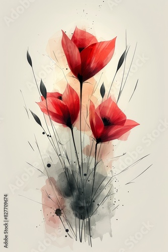 Red Flowers Painting on White Background