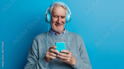 The elderly man with headphones photo