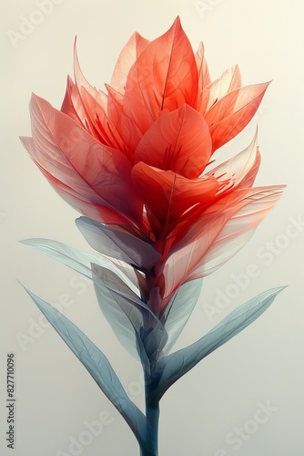 Red Flower With Green Leaves on White Background