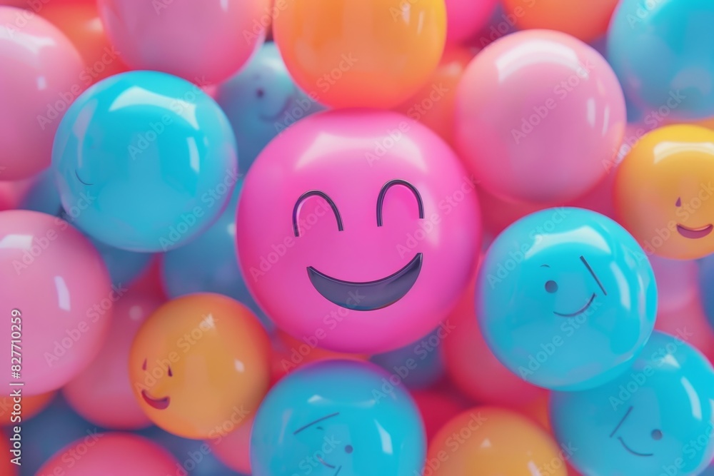 A bunch of colorful balls with a pink one in the middle with a smiley face on it A bunch of colorful balls with a pink one in the middle with a smiley face on it