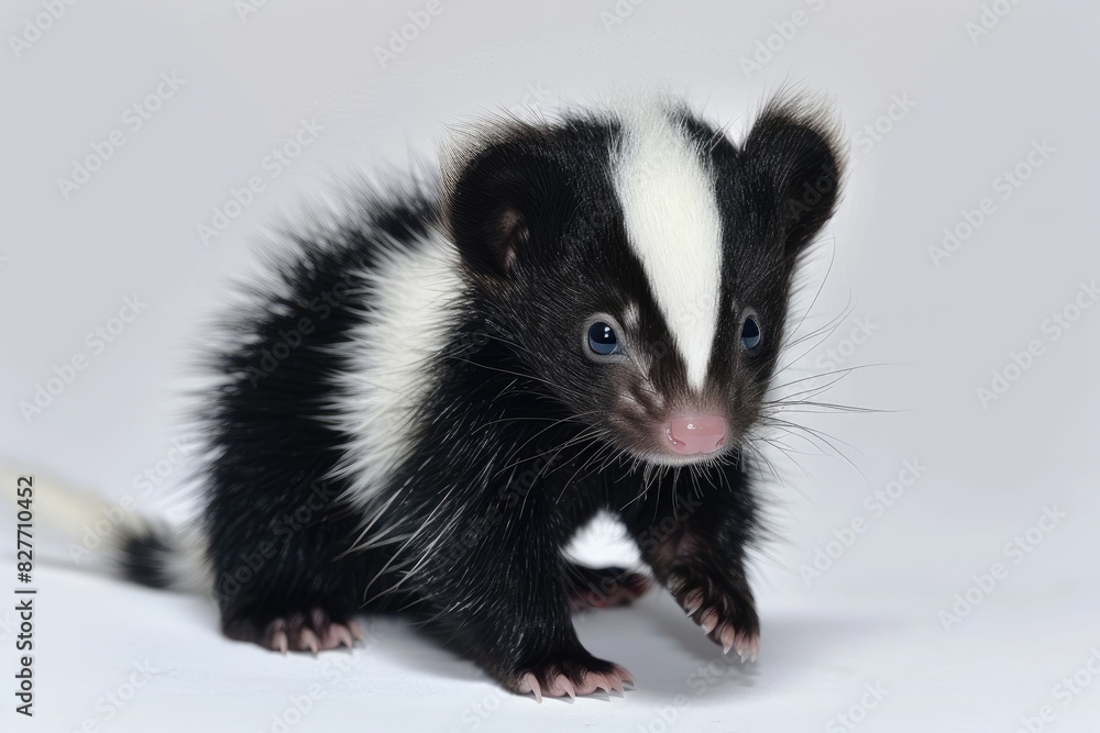 Cute baby skunk with a fluffy tail isolated on white background Cute baby skunk with a fluffy tail isolated on white background