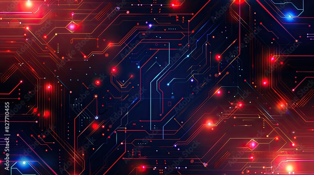 Detailed circuit board pattern with high-tech elements and illuminated pathways Detailed circuit board pattern with high-tech elements and illuminated pathways
