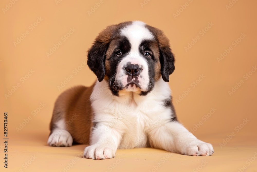 Cute Saint Bernard puppy on a pastel yellow background Cute Saint Bernard puppy on a pastel yellow background