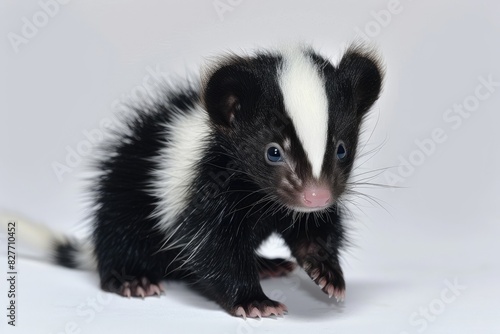 Cute baby skunk with a fluffy tail isolated on white background