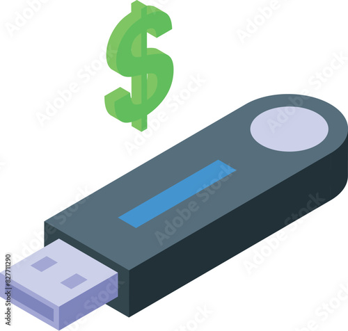 Isometric illustration of a usb flash drive with a green dollar sign, symbolizing data value and digital currency storage