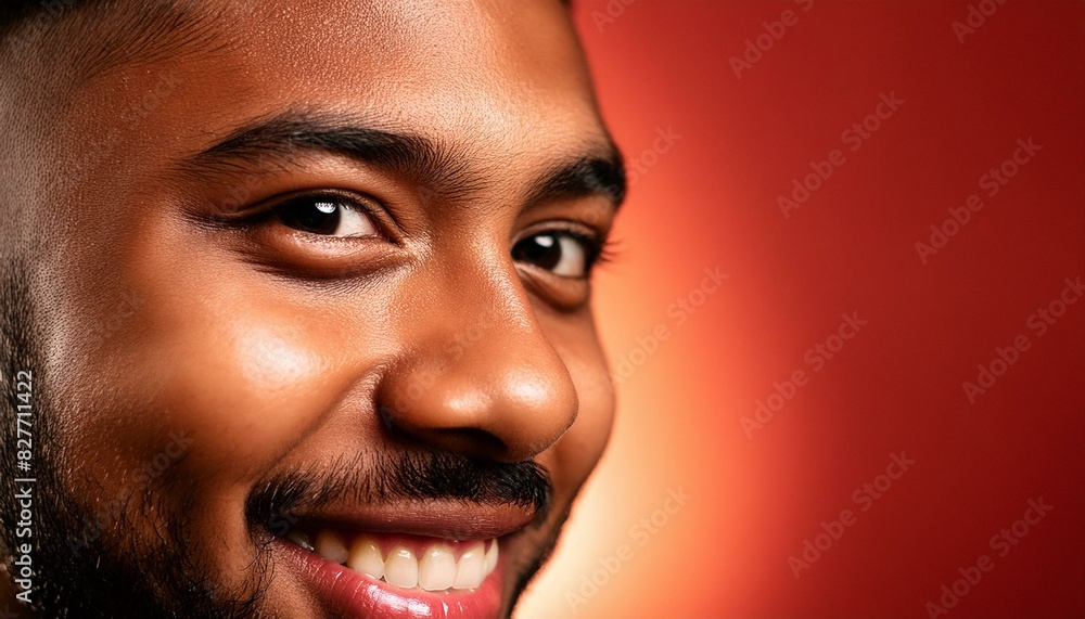 Fototapeta premium a person with one eyebrow raised, lips curved in a smirk, and eyes twinkling with amusement. on red background