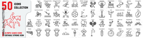 Olympic games related editable stroke icons includes athlete, running, swimming, basketball, boxing, ski, Olympic 50+ thin icon collections