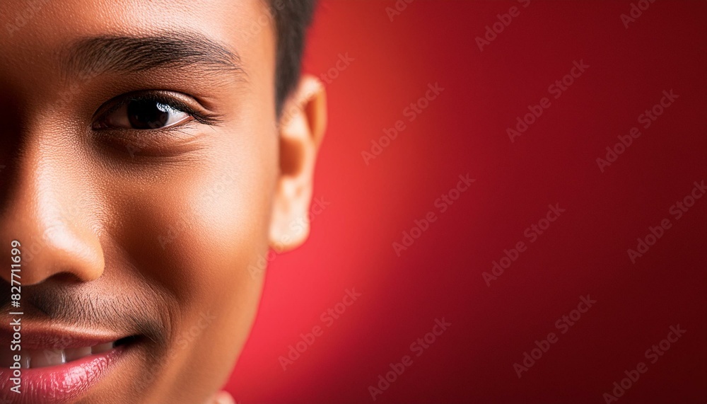 a person with one eyebrow raised, lips curved in a smirk, and eyes twinkling with amusement. on red background a person with one eyebrow raised, lips curved in a smirk, and eyes twinkling with amusement. on red background