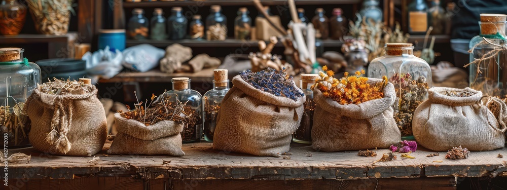 Dried flowers and herbs, infusions and decoctions on the market. Selective focus. Dried flowers and herbs, infusions and decoctions on the market. Selective focus.