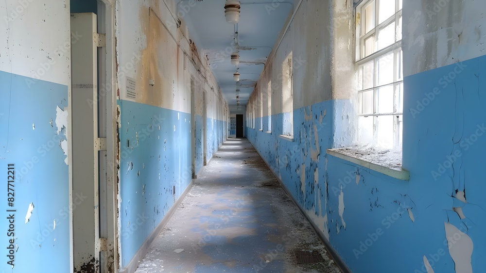 Fototapeta premium An eerie hallway in an abandoned mental hospital evokes haunting memories. Concept Eerie, Abandoned Mental Hospital, Hallway, Haunting Memories