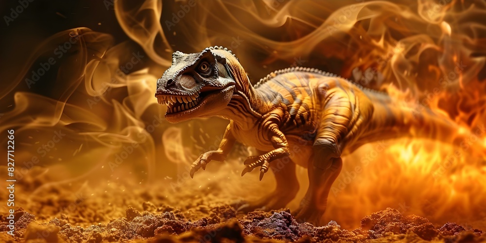 Dramatic Movie Scene Featuring a Small Toy Dinosaur. Concept Toy Dinosaur, Dramatic Scene, Movie, Special Effects, Miniature Set Dramatic Movie Scene Featuring a Small Toy Dinosaur. Concept Toy Dinosaur, Dramatic Scene, Movie, Special Effects, Miniature Set