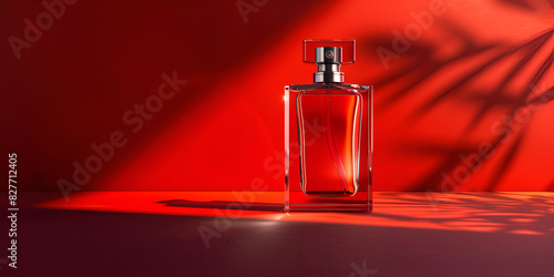  A high class bottle of glass perfume with light red liquid. Aromatic perfume bottles on white background. Beauty product, cosmetic, perfume day, fragrance day or perfume launch event.