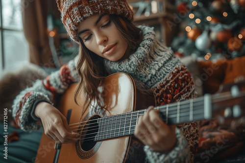 An individual learning to play the guitar, fingers strumming the strings, a music book open nearby, surrounded by cozy living room decor.