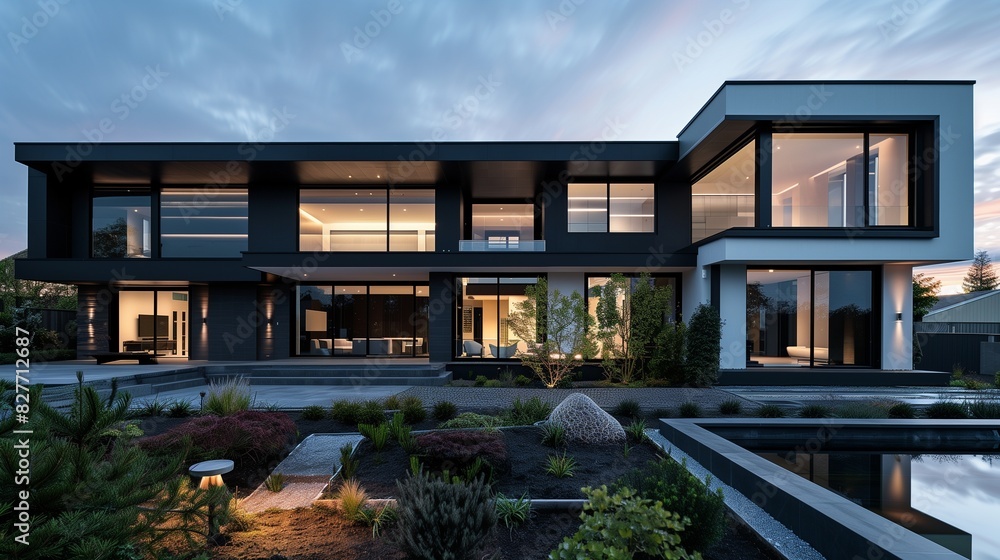 A modern suburban house with a striking facade of black and white materials, captured at dawn with the rising sun casting a soft glow on the large windows A modern suburban house with a striking facade of black and white materials, captured at dawn with the rising sun casting a soft glow on the large windows