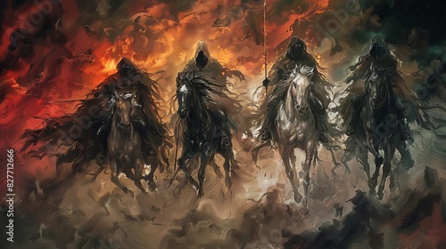 four horsemen of the apocalypse conquest war pestilence and death concept illustration photo