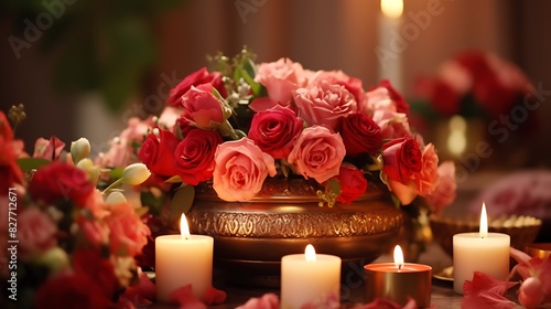 A decorative arrangement of candles and flowers, creating a warm and inviting atmosphere for Eid ul Adha celebrations.