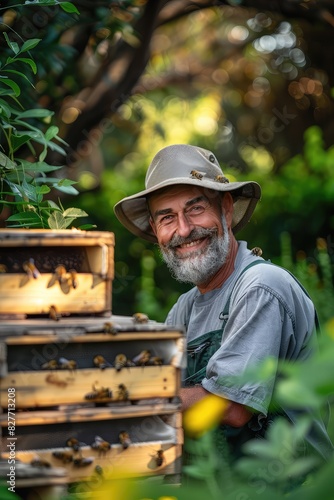 A beekeeper collects honey in an apiary. Selective focus.