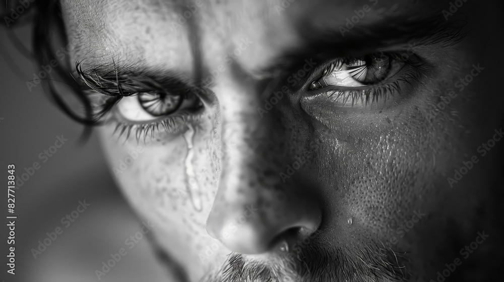 Obraz premium A man with a beard and dark eyes is crying