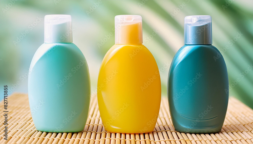 Mock-up of 3 bottles of shampoo, hair conditioner or mask. Shower gels. Organic cosmetics. Body care Mock-up of 3 bottles of shampoo, hair conditioner or mask. Shower gels. Organic cosmetics. Body care