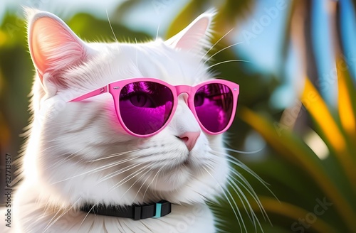White cat wearing pink sunglasses against tropical background. Summer vacation. Travel. © Ana River