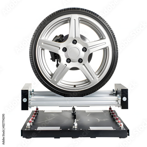 Wheel alignment equipment on a car wheel in a repair station isolated on white background, vintage, png 