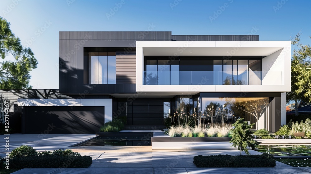 A modern suburban house with a striking facade of black and white materials, captured at noon with shadows cast sharply by