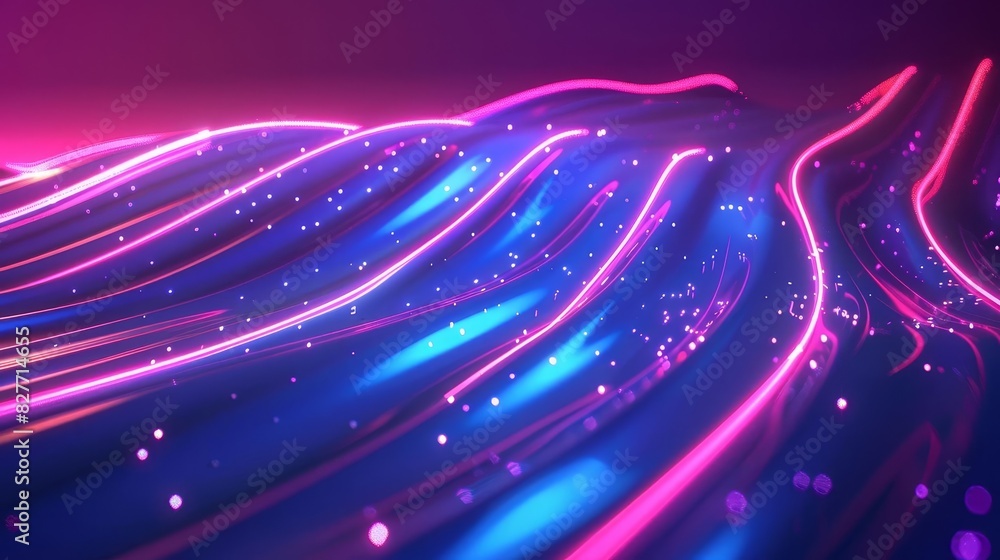 Naklejka premium futuristic wavy gradient background with glowing neon lines and particles abstract